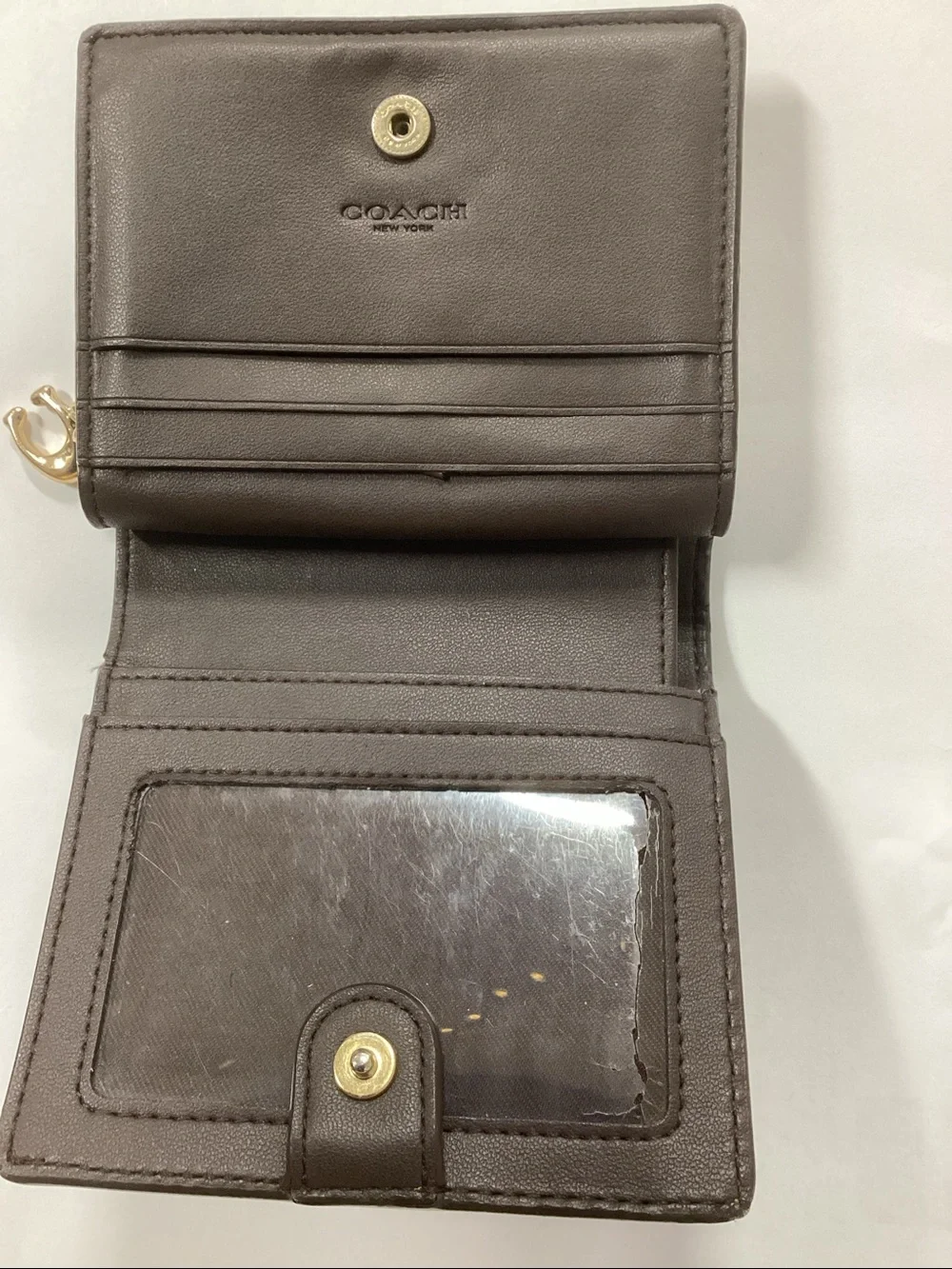 Coach Pebbled Leather Compact Wallet in Chestnut Brown with Gold Accents